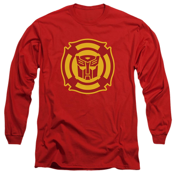 Red men's long sleeve t-shirt with Transformers Rescue Bots Logo graphic