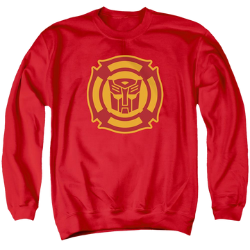 Red men's crewneck sweatshirt with Transformers Rescue Bots Logo graphic