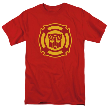 Red men's regular fit t-shirt with Transformers Rescue Bots Logo graphic