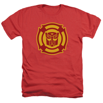 Red men's heather t-shirt with Transformers Rescue Bots Logo graphic