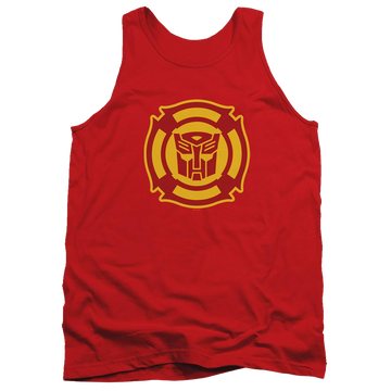 Red men's tank with Transformers Rescue Bots Logo graphic