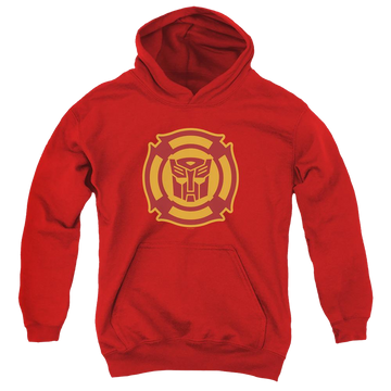 Red youth hoodie for ages 8 to 12 with Transformers Rescue Bots Logo graphic