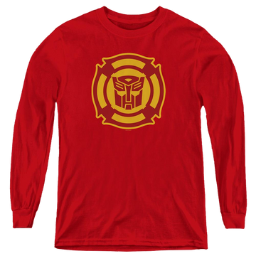Red youth long sleeve t-shirt with Transformers Rescue Bots Logo graphic