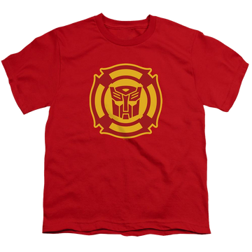 Red youth t-shirt for ages 8 to 12 with Transformers Rescue Bots Logo graphic