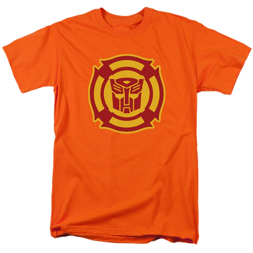Orange men's regular fit t-shirt with Transformers Rescue Bots Logo graphic