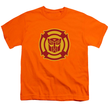 Orange youth t-shirt for ages 8 to 12 with Transformers Rescue Bots Logo graphic