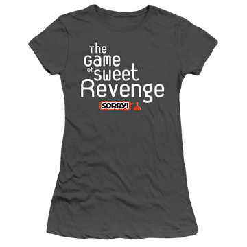 Charcoal juniors t-shirt with Game of Sorry Sweet Revenge graphic