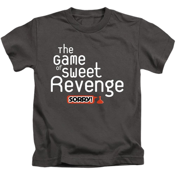 Charcoal kid's t-shirt for ages 4 to 7 with Game of Sorry Sweet Revenge graphic