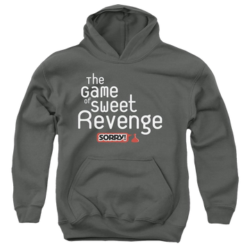 Charcoal youth hoodie for ages 8 to 12 with Game of Sorry Sweet Revenge graphic