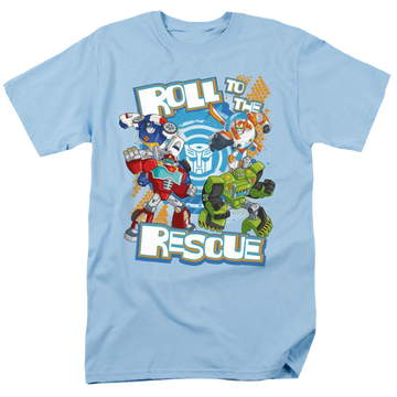 Light blue men's regular fit t-shirt with Transformers Roll To The Rescue graphic
