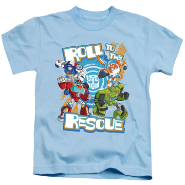 Light blue kid's t-shirt for ages 4 to 7 with Transformers Roll To The Rescue graphic