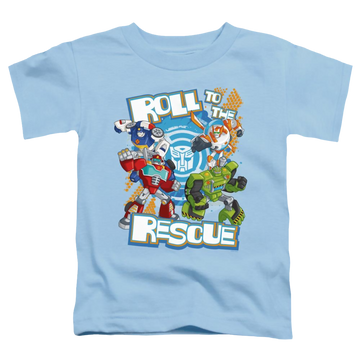 Light blue toddler t-shirt with Transformers Roll To The Rescue graphic