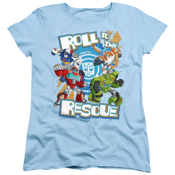 Light blue women's t-shirt with Transformers Roll To The Rescue graphic