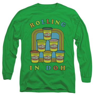 Kelly green men's long sleeve t-shirt with Monopoly Play-doh Rolling In Doh graphic