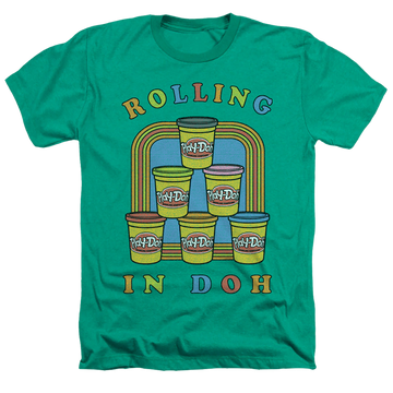 Kelly green men's heather t-shirt with Play-doh Rolling In Doh graphic