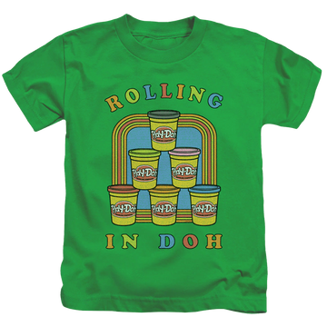 Kelly green kid's t-shirt for ages 4 to 7 with Monopoly Play-doh Rolling In Doh graphic