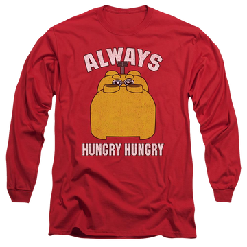 Red men's long sleeve t-shirt with Hungry Hungry Hippos Hungry graphic