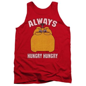 Red men's tank with Hungry Hungry Hippos Hungry graphic