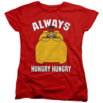 Red women's t-shirt with Hungry Hungry Hippos Hungry graphic