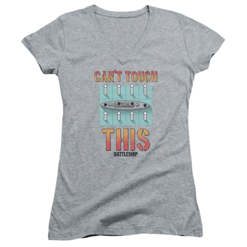 Athletic heather juniors v-neck t-shirt with Battleship Can't Touch This graphic
