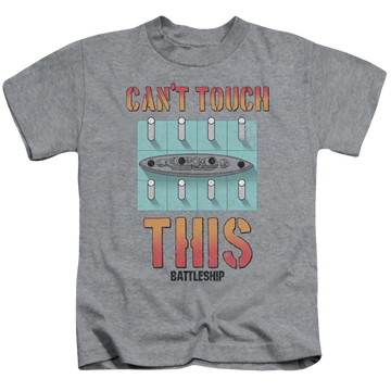 Athletic heather kid's t-shirt for ages 4 to 7 with Battleship Can't Touch This graphic
