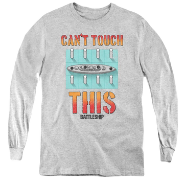 Athletic heather youth long sleeve t-shirt with Battleship Can't Touch This graphic