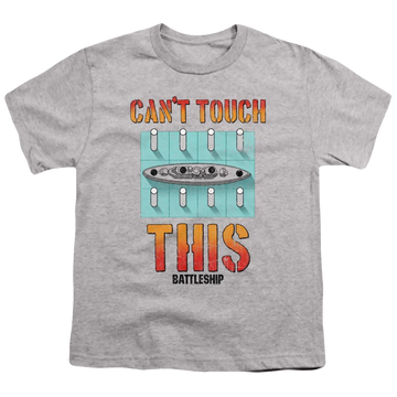Athletic heather youth t-shirt for ages 8 to 12 with Battleship Can't Touch This graphic