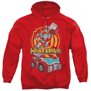 Red pullover hoodie with Transformers Heatwave graphic