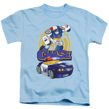 Light blue kid's t-shirt for ages 4 to 7 with Transformers Chase graphic