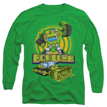 Kelly green men's long sleeve t-shirt with Transformers Boulder graphic