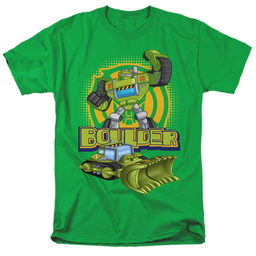 Kelly green men's regular fit t-shirt with Transformers Boulder graphic