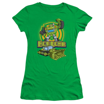 Kelly green juniors t-shirt with Transformers Boulder graphic