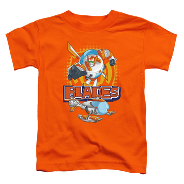 Orange toddler t-shirt with Transformers Blades graphic