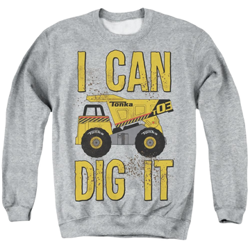 Athletic heather men's crewneck sweatshirt with Hasbro Tonka I Can Dig It graphic