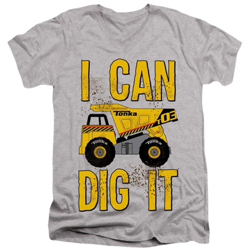 Athletic heather men's v-neck t-shirt with Hasbro Tonka I Can Dig It graphic