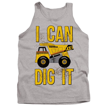 Athletic heather men's tank with Hasbro Tonka I Can Dig It graphic