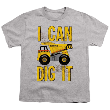 Athletic heather youth t-shirt for ages 8 to 12 with Hasbro Tonka I Can Dig It graphic