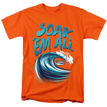 Orange men's regular fit t-shirt with Nerf Super Soaker Soak All graphic