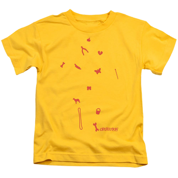 Yellow kid's t-shirt for ages 4 to 7 with Hasbro Operation Parts graphic