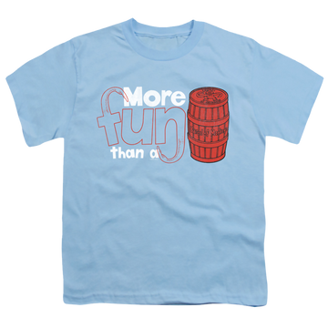 Light blue youth t-shirt for ages 8 to 12 with Barrel Of Monkeys More Fun graphic