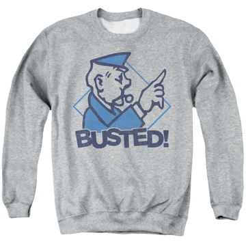 Athletic heather men's crewneck sweatshirt with Monopoly Busted graphic