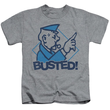 Athletic heather kid's t-shirt for ages 4 to 7 with Monopoly Busted graphic