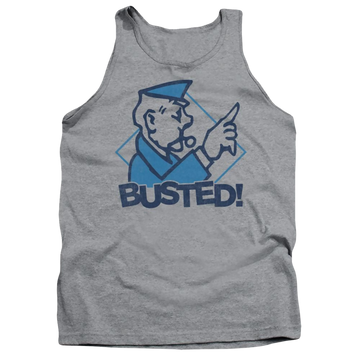 Athletic heather men's tank with Monopoly Busted graphic