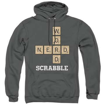 Charcoal pullover hoodie with Scrabble Word Nerd graphic