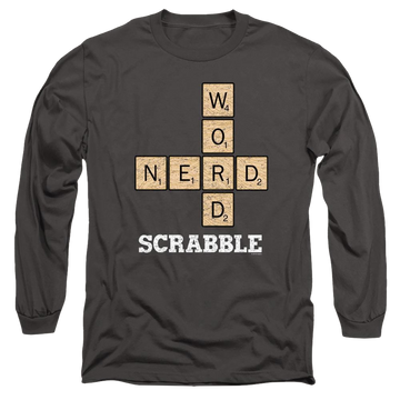 Charcoal men's long sleeve t-shirt with Scrabble Word Nerd graphic