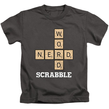 Charcoal kid's t-shirt for ages 4 to 7 with Scrabble Word Nerd graphic