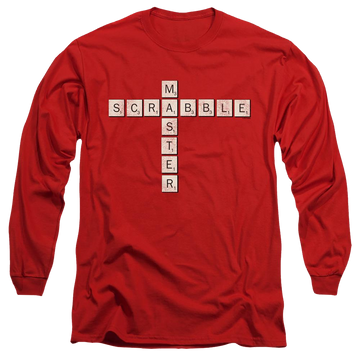 Red men's long sleeve t-shirt with Scrabble Master graphic