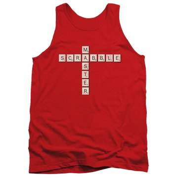 Red men's tank with Scrabble Master graphic