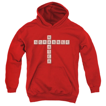 Red youth hoodie for ages 8 to 12 with Scrabble Master graphic