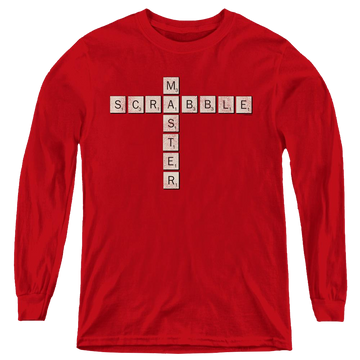 Red youth long sleeve t-shirt with Scrabble Master graphic